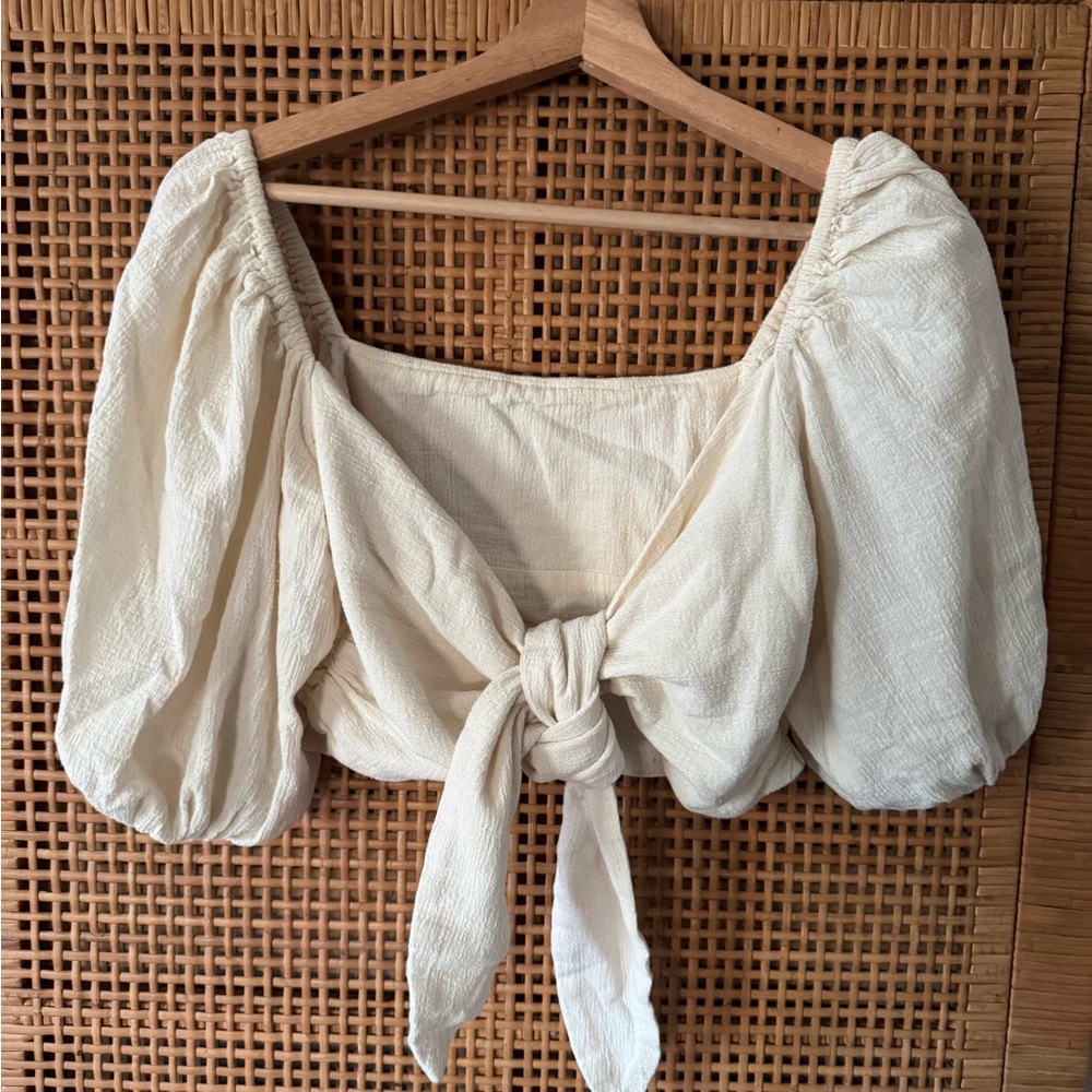 Cream Puff Sleeve Tie-Front Blouse